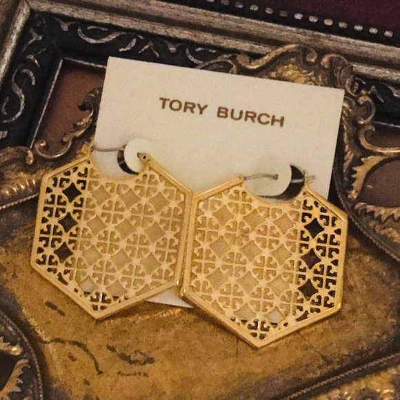 TORY BURCH • Gold Perforated Hoop Earrings - Picture 4 of 4